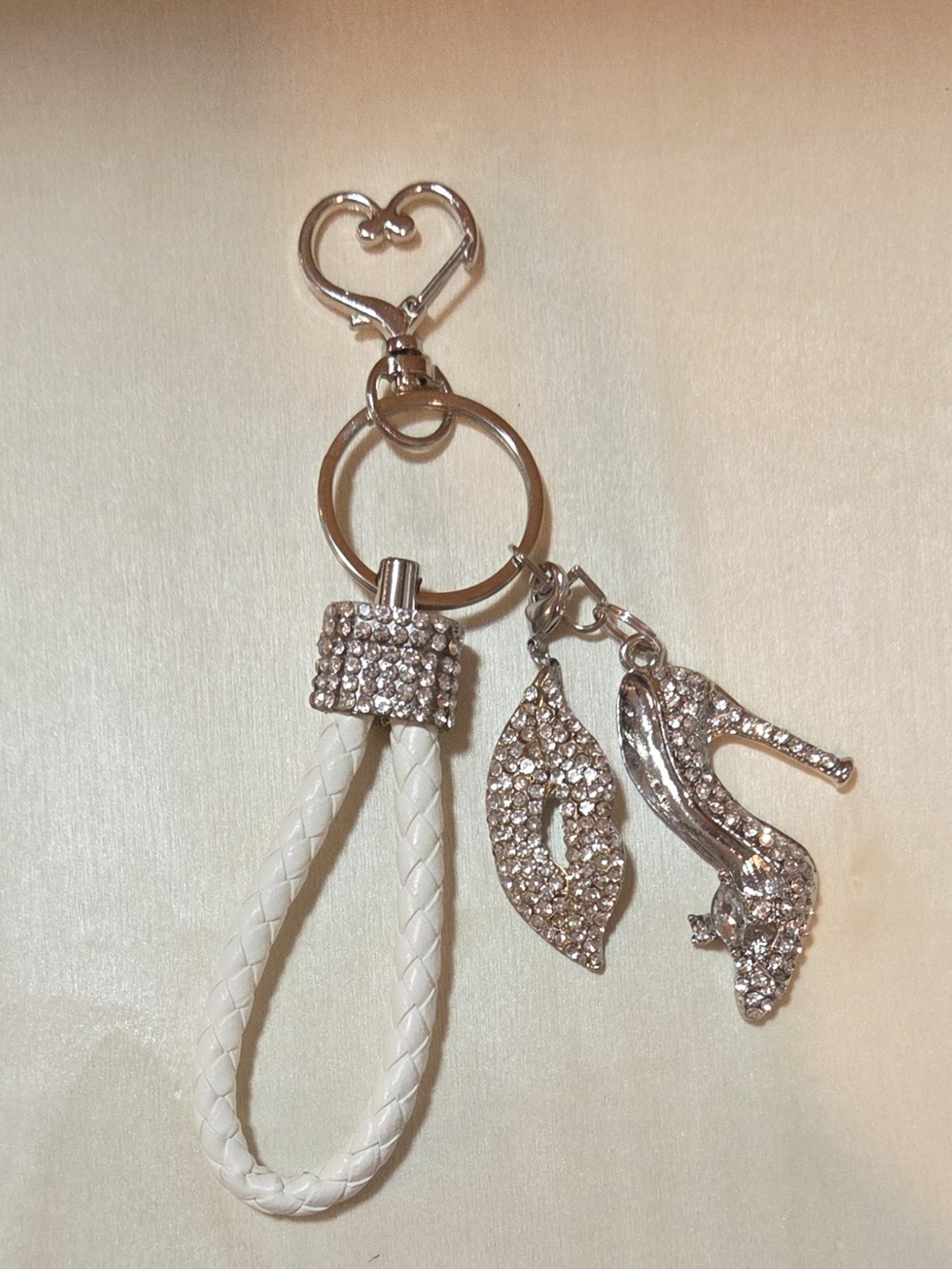 Glam Rhinestone High Heel Shoe & Lips Keychain with White Braided Wristlet 💎💋